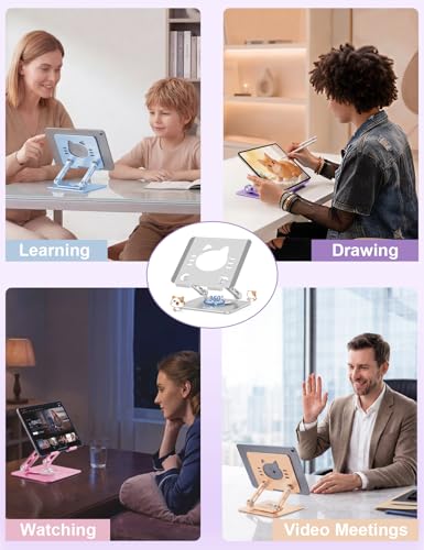 Aoviho Tablet Stand 360° Rotating Aluminum Holder, Adjustable, Portable and Foldable Monitors Stand for iPads, Compatible with 4-12.9" Tablets, Silver - color: Silver