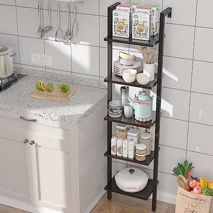 YMYNY 5 Tiers Narrow Ladder Bookcase, Industrial Wall Mounted Bookshelf, Open Display Rack with Metal Frame, Wooden Storage Shelves for Bedroom, Home Office, Living Room, Black, 70*17.3*11.8"UHBC015B - color: Black