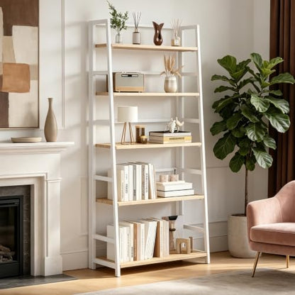 JSB 5 Tier Bookshelf, No Assembly Folding Ladder Bookshelf, 51.6in Tall Foldable Ladder Shelf, Bookcase for Home Office, Living Room,Space-Saving (Natural & White, 5 Tier) - color: Natural & White
