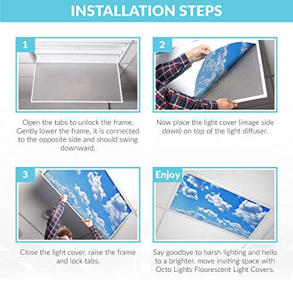OCTO LIGHTS Fluorescent Light Covers for Classroom Office - Eliminate Harsh Glare Causing Eyestrain and Headaches. Office & Classroom Decorations - Cloud 001-2pk | ASTM E84 & UL723 Fire Safety Certified | Reduces Glare & Eye Strain | Easy Drop-In Install