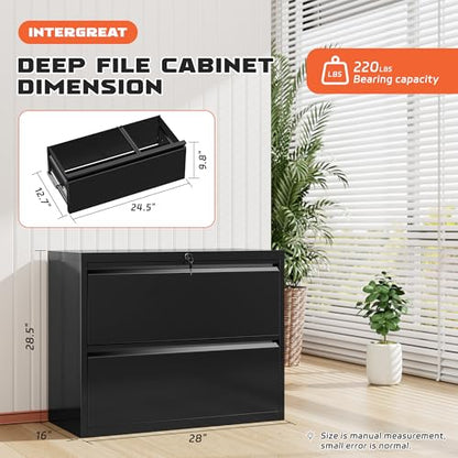 Lateral File Cabinet 2 Drawer, Black Metal File Cabinets for Home Office, Locking File Cabinet for Letter/Legal/F4/A4 Size Hanging Files, Easy Assembly