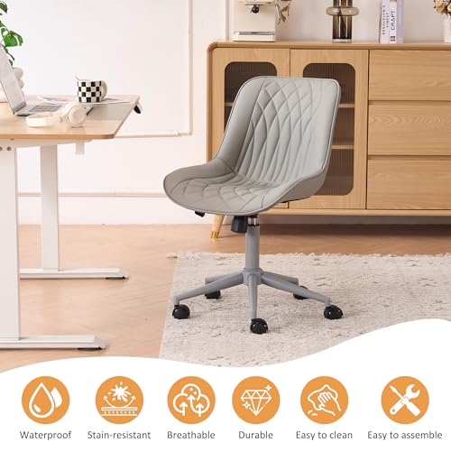 YOUNIKE Faux Leather Office Desk Chair Comfy Vanity Chair Armless Grey | Ergonomic Upholstered Rocking Back, Swivel with Wheels, Height Adjustable, Modern Task Chair For Computer Sewing Drafting - color: All Grey
