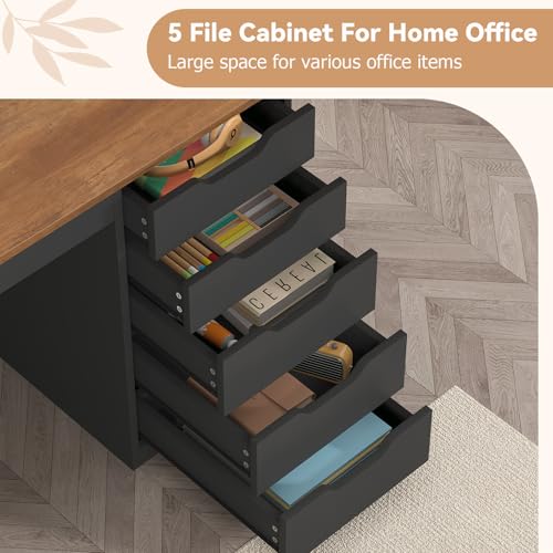47 Inch Computer Desk with 5 Drawers and Power Outlets for Small Spaces - color: Brown and Black, size: 47inch-5drawers