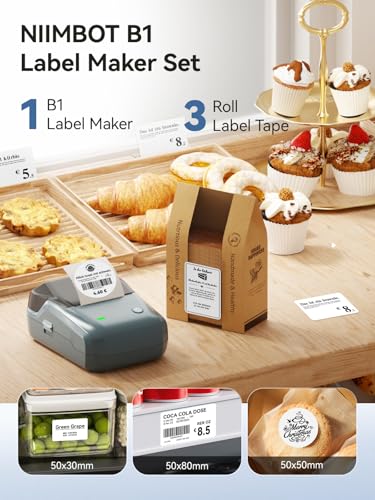 NIIMBOT B1 Label Maker Machine with 3 Tapes, 2Inch Thermal Label Printer - color: Blue, style: 1 Printer+3 Roll Labels