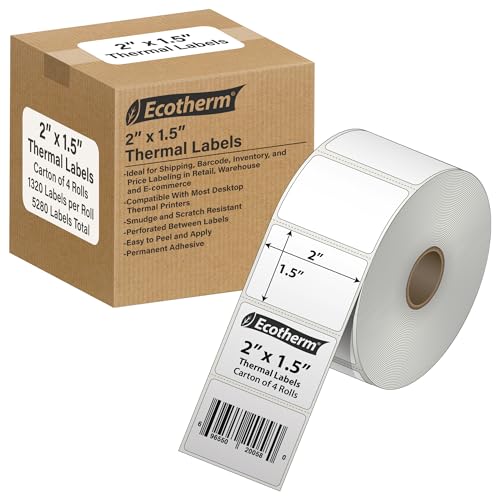 2" x 1.5" Thermal Labels | 4 Rolls | 5280 Labels | fits Zebra, Munbyn, Rollo, Godex, Arkscan, iDPRT, Offnova Thermal Label Printers and More | Blank White Adhesive Stickers by Ecotherm - size: 2 x 1.5 - 5280 Labels