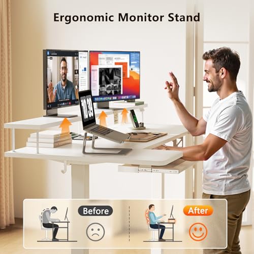 OffiGo 55 Inch U Shaped Electric Standing Desk with Keyboard Tray, White - color: White, size: 55 Inch
