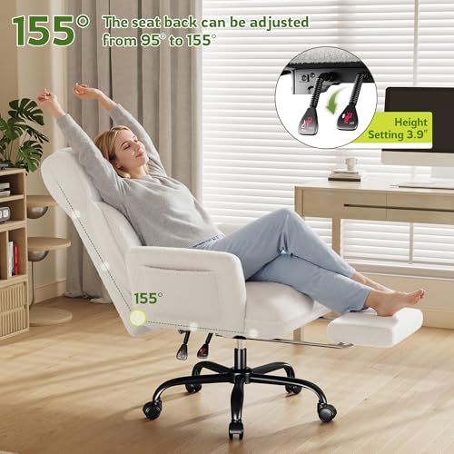 DurayLoly Big and Tall Office Chair with Footrest & Adjustable Armrests | 145° Reclining Backrest, Soft Teddy Fleece, Height Adjustable & 360° Swivel for Home Office, Bedroom, White - color: White