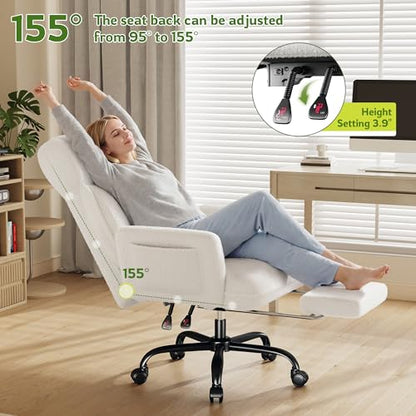 DurayLoly Big and Tall Office Chair with Footrest & Adjustable Armrests | 145° Reclining Backrest, Soft Teddy Fleece, Height Adjustable & 360° Swivel for Home Office, Bedroom, White - color: White
