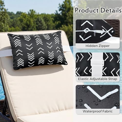 Black Geometric Outdoor Chaise Lounge Head Pillow 11"x16" Set of 2 | Waterproof Lumbar Pillows with Insert Adjustable Elastic Strap, Neck Attachment for Recliner Patio Beach Pool - color: Black Geometric
