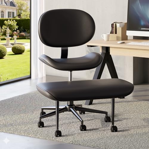 Cross Legged Office Chair with Wheels for ADHD, Ergonomic 360° Swivel Height-Adjustable Meditation Chair for Yoga, Wide Kneeling Chair with Strong Lumbar Support, PU Leather, Black - color: Black-pu