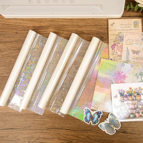 Briartw Holographic Precoated Laminating Film Roll, 4 Iridescent Patterns (Glitter, Stars, Dots & Plain),22x500cm (8.66x196.85 In), BOPP Thermal Film, Clear Waterproof Scratch-Resistant for DIY Crafts - color: 4-piece Set