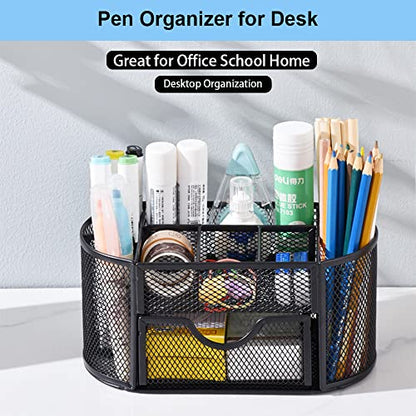 Desk Organizer Stationery Storage, Pencil Holder for Desk, Wire Mesh Office Supplies Desk Accessories Workspace Organizers with 9 Compartments and Mini Drawer (Black) - style: 9 Compartments
