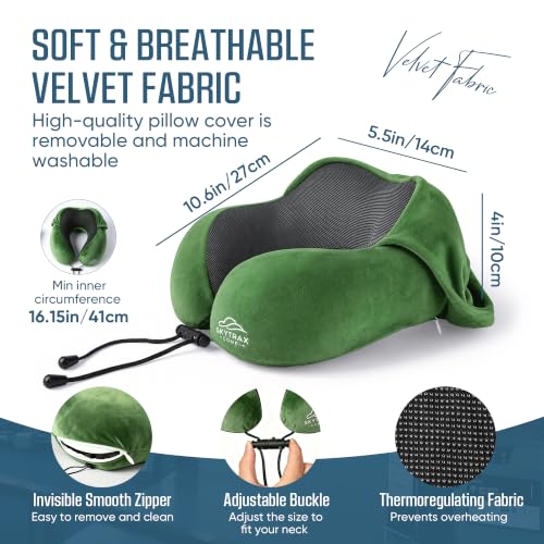 SkytraxComf® Travel Neck Pillow with Hood for Privacy on Long Flights | Memory Foam | Airplane Sleep | Safety-Tested Materials | Extra Large Hood | Chin Support | Earplugs | Washable Cover - color: Olive
