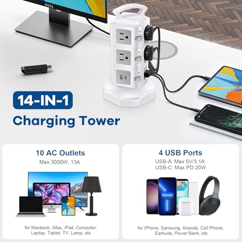 10-Outlet Power Strip USB C 20W Surge Protector | Retractable Extension Cord with 4 USB Ports | Desk Organizer Plug Outlet Extender | Charging Tower for Cell Phone, Computer, Electronic, Home, Office