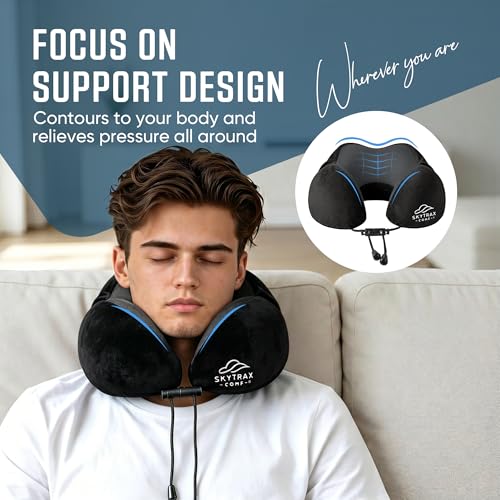 SkytraxComf® Travel Neck Pillow with Hood for Privacy on Long Flights | Memory Foam | Airplane Sleep | Safety-Tested Materials | Extra Large Hood | Chin Support | Earplugs | Washable Cover - color: Black