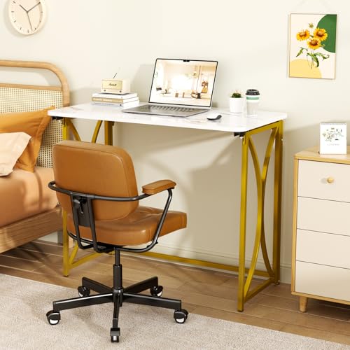 Folding Desk, 31.5" Small Desk for Bedroom, Space Saving Foldable Computer Desk for Home Office, Easy Assembly, White and Gold - size: medium size22