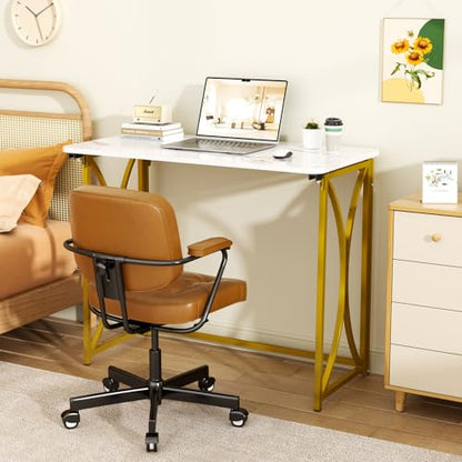 Folding Desk, 31.5" Small Desk for Bedroom, Space Saving Foldable Computer Desk for Home Office, Easy Assembly, White and Gold - size: medium size22