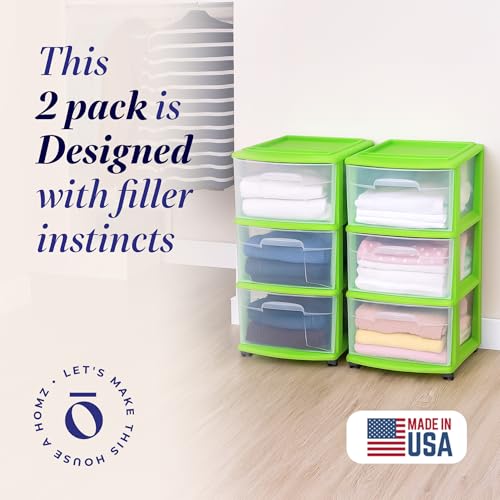 HOMZ Drawer Tower, 3-Tier Storage Cart with Removable Wheels, Lime, 2 Pack - color: Bold Lime, size: 2 Pack