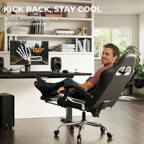 Gaming Chair for Adults with Footrest, Height Adjustable Linkage Armrests - color: White Black