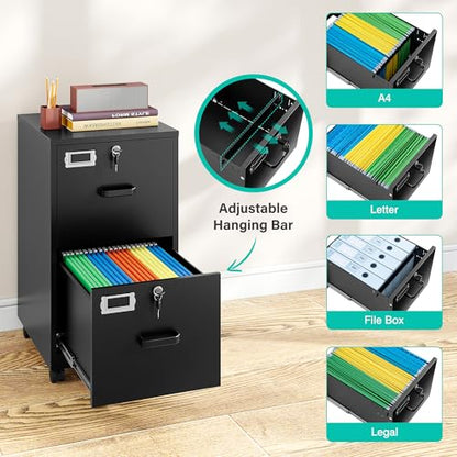 2 Drawer File Cabinet on Wheels,Metal Filing Cabinet with Lock,Black Rolling File Cabinets with Casters,Under Desk Office Cabinets for Home Office,Fit A4/Letter/Legal,Easy Assembly - color: Black, style: 2 Drawer with Wheels