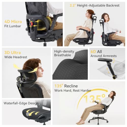 SIHOO B300 Pro Ergonomic Office Chair Without Footrest, 4D Lumbar Support - color: Black