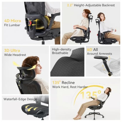 SIHOO B300 Pro Ergonomic Office Chair Without Footrest, 4D Lumbar Support - color: Black
