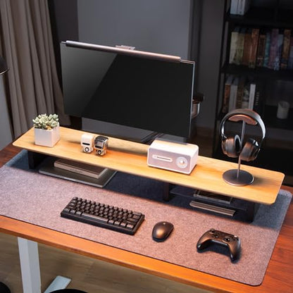 White Oak Wood Desk Shelf for Top of Desk 44 Inch Length Wood Monitor Riser with Middle Shelf - color: Oak