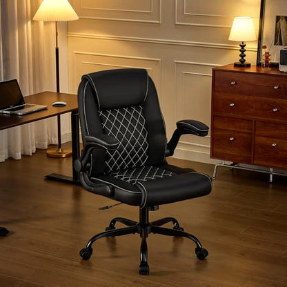Executive Office Chair with Lumbar Support & Flip-up Arms, Black | Ergonomic Desk Chair, 90–115° Tilt & Rocking, 20.1" Wide Seat, PU Leather, for Home Offices & Conference Rooms, 300Lbs - color: Black