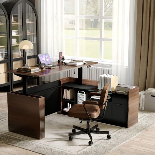 70.9”L-Shape Executive Standing Desk, Snap-Lock &Built-In Power Outlet | Brushless Motor, Smart Controller, Cable Management, Privacy Panel, Movable Cabinet, Home & Corporate Office