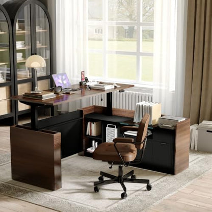 70.9”L-Shape Executive Standing Desk, Snap-Lock &Built-In Power Outlet | Brushless Motor, Smart Controller, Cable Management, Privacy Panel, Movable Cabinet, Home & Corporate Office