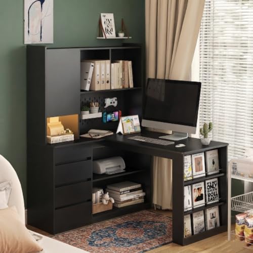 RuiSiSi Corner Computer Office Desk with Hutch and Drawers, Black - color: Black, size: 46.06"L x 55.90"W x 62.79"H