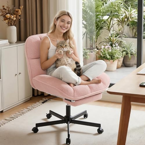 Criss Cross Office Chair with Foot Rest, Thick Cushioned Cross Legged Office Chair, Armless Wide Seat Reclining Desk Chair, Height Adjustable Criss Cross Chair for Home Office,Vanity, Pink - color: Pink