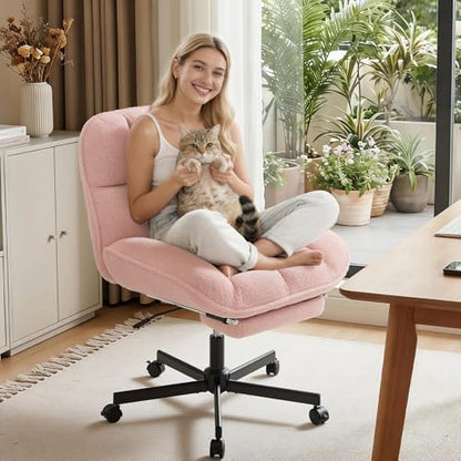 Criss Cross Office Chair with Foot Rest, Thick Cushioned Cross Legged Office Chair, Armless Wide Seat Reclining Desk Chair, Height Adjustable Criss Cross Chair for Home Office,Vanity, Pink - color: Pink