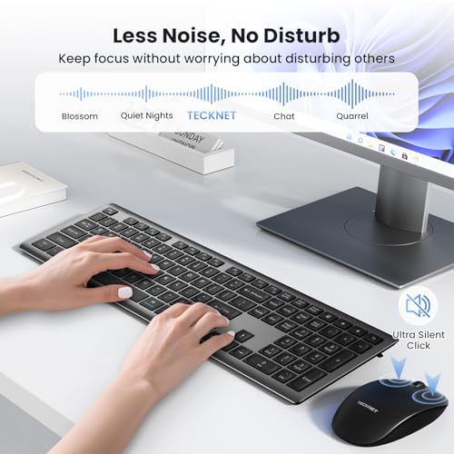 TECKNET 2.4G Rechargeable Ultra-Slim Wireless Keyboard and Mouse Combo | 2.4G Stable Connection, Full-Size Scissor Switch Keyboard with 12 Multimedia Keys, Silent Mouse, Ergonomic Design, Grey - color: Gray