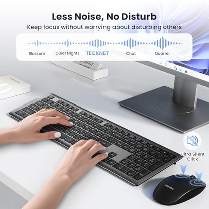 TECKNET 2.4G Rechargeable Ultra-Slim Wireless Keyboard and Mouse Combo | 2.4G Stable Connection, Full-Size Scissor Switch Keyboard with 12 Multimedia Keys, Silent Mouse, Ergonomic Design, Grey - color: Gray