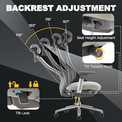 COLAMY Ergonomic Mesh Office Chair, High Back Executive Desk Chair with Adjustable Headrest, 4D Arm, Slide Seat, Tilt Lock, Lumbar Support, Light Grey