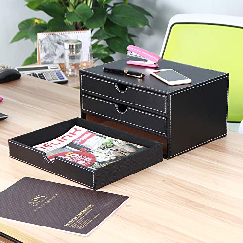 High-end PU Leather Desk Organizer File Cabinet Executive Office Supplies Desktop Filing A4 File Cabinet Stackable Storage Organizer Box with 3 Drawers (Black)… - color: black