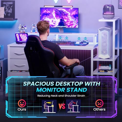 51in Gaming Computer Desk with Drawers & Power Outlet & LED Lights, White - color: White, size: 51''