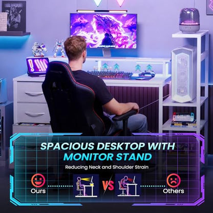 51in Gaming Computer Desk with Drawers & Power Outlet & LED Lights, White - color: White, size: 51''