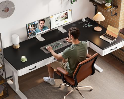 63 Inch L Shaped Standing Desk with 4 Wooden Drawers, White+Black | Reversible Corner Table, Office Table With 4 Wooden Drawers and Outlets For Home Office, Computer Workstation, Sit Stand Use - color: White+black, size: 63 Inch