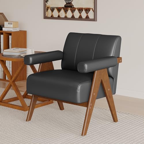 JIASTING Mid Century Modern Accent Chair Set of 2, Black Leather Armchair | JIASTING, Small, Comfy, Wood Arms, Living Room Bedroom, Office - color: Black