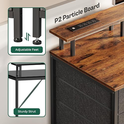 Huuger 63 Inch Rustic Brown Gaming & Office Computer Desk with 4 Drawers, Monitor Stand, LED Lights & Power Outlets - color: Rustic Brown, size: 63 INCH