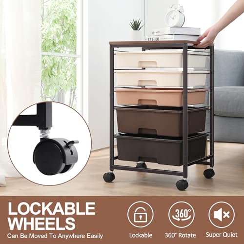 SYKIARIOL Rolling Cart with Drawers, 5 Drawers Utility Cart, Dark Brown - color: Dark Brown
