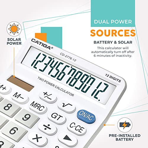 Premium Commercial 12-Digit Large Desktop Calculator with Huge 5-Inch LCD Display Screen, Giant Responsive Buttons, Battery and Solar Powered, Perfect for Home/Office Accounting Finance Use, CD-2776 - color: White (Commercial)