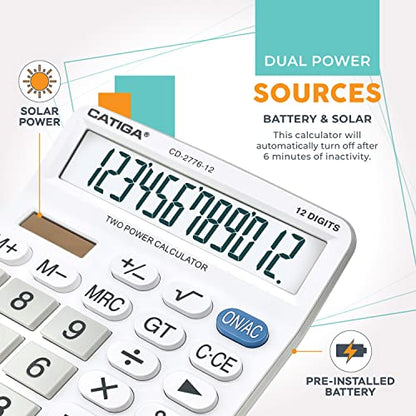 Premium Commercial 12-Digit Large Desktop Calculator with Huge 5-Inch LCD Display Screen, Giant Responsive Buttons, Battery and Solar Powered, Perfect for Home/Office Accounting Finance Use, CD-2776 - color: White (Commercial)