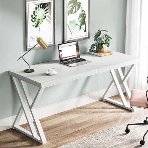 Tribesigns Writing Computer Desk, 55 inch Heavy Duty Study Desk with Z-Shaped Metal Leg, Modern Simple Home Office Computer Desk, White - color: White