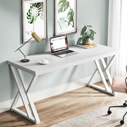 Tribesigns Writing Computer Desk, 55 inch Heavy Duty Study Desk with Z-Shaped Metal Leg, Modern Simple Home Office Computer Desk, White - color: White