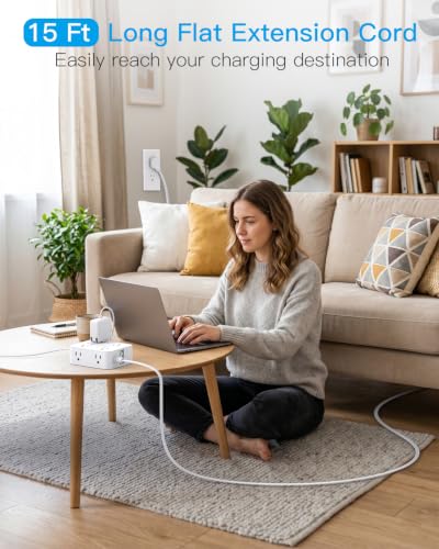 15 Ft Long Extension Cord with Multiple Outlets, Flat Plug Power Strip | Surge Protector, 1080J, 8 Outlets 4 USB Ports(2 USB C), Desk Outlet Extender, Wall Mount, Home Office Dorm Room Essentials
