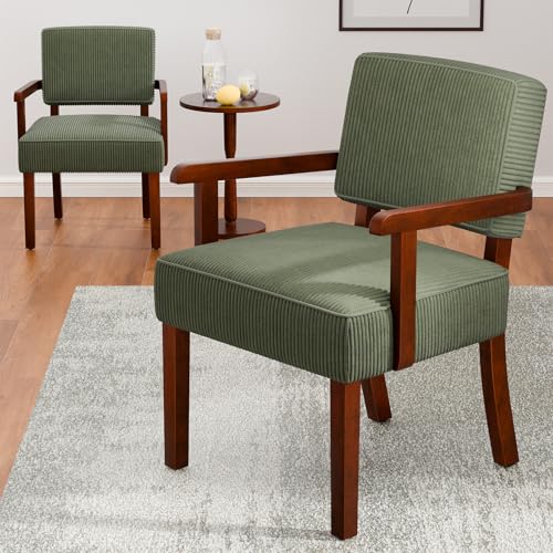 FAGAGA Corduroy Accent Chairs Set of 2, 2 Solid Wood Armchairs with Table - color: Corduroy Green, size: One Set