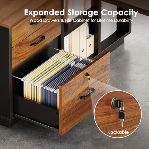 AODK 71 Inch L Shaped Executive Desk with Storage, Walnut+ Black | Computer Desk with 3 Wooden Drawers and File Cabinet, Corner Desk, Outlets, Home Office Computer Workstation - size: 71 Inch
